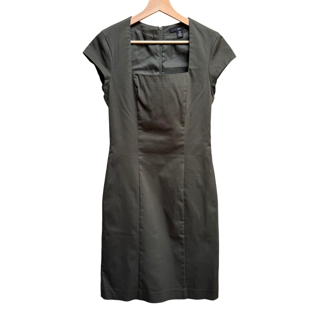 H&M Women Sheath Dress 8 Olive Green Square Neck Cap Sleeve Preppy Career